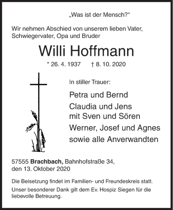 Traueranzeige von Willi Hoffmann von Siegener Zeitung