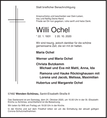 Traueranzeige von Willi Ochel von Siegener Zeitung