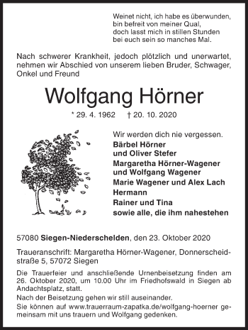Traueranzeige von Wolfgang Hörner von Siegener Zeitung