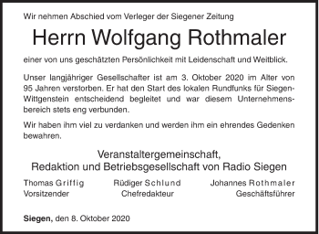 Traueranzeige von Wolfgang Rothmaler von Siegener Zeitung