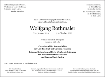 Traueranzeige von Wolfgang Rothmaler von Siegener Zeitung