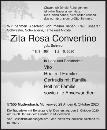 Traueranzeige von Zita Rosa Convertino von Siegener Zeitung