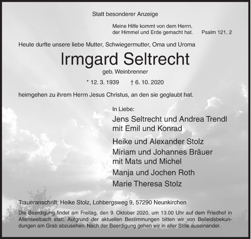  Traueranzeige für lrmgard Seltrecht vom 08.10.2020 aus Siegener Zeitung