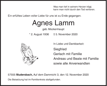 Traueranzeige von Agnes Lamm von Siegener Zeitung