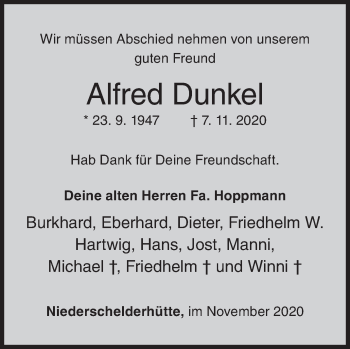 Traueranzeige von Alfred Dunkel von Siegener Zeitung