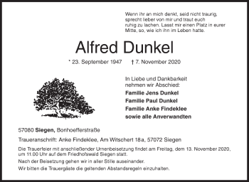 Traueranzeige von Alfred Dunkel von Siegener Zeitung