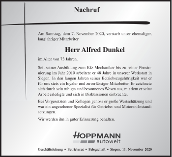 Traueranzeige von Alfred Dunkel von Siegener Zeitung