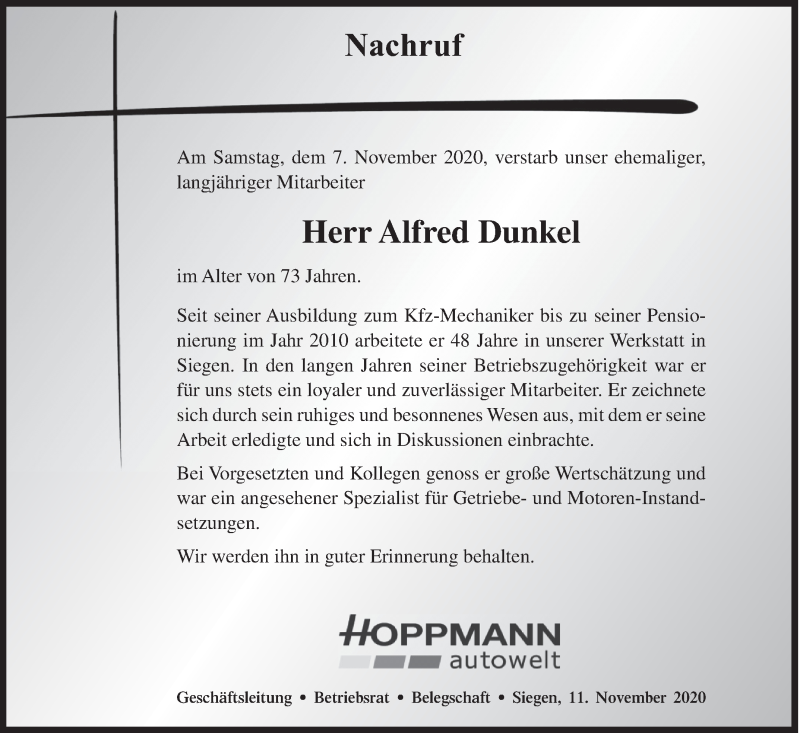  Traueranzeige für Alfred Dunkel vom 11.11.2020 aus Siegener Zeitung