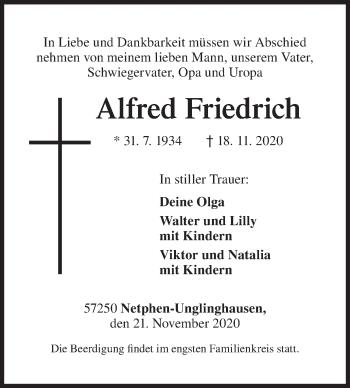 Traueranzeige von Alfred Friedrich von Siegener Zeitung