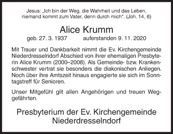 Traueranzeige von Alice Krumm von Siegener Zeitung