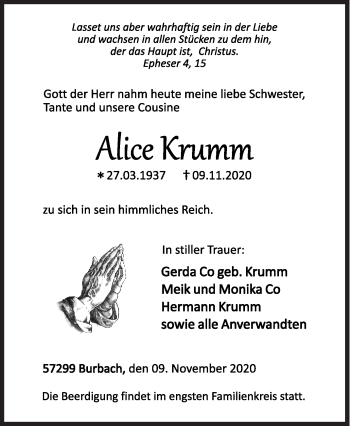 Traueranzeige von Alice Krumm von Siegener Zeitung