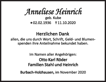 Traueranzeige von Anneliese Heinrich von Siegener Zeitung
