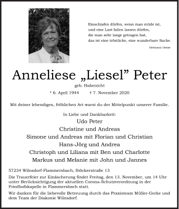 Traueranzeige von Anneliese  Peter von Siegener Zeitung