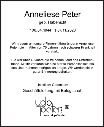 Traueranzeige von Anneliese  Peter von Siegener Zeitung