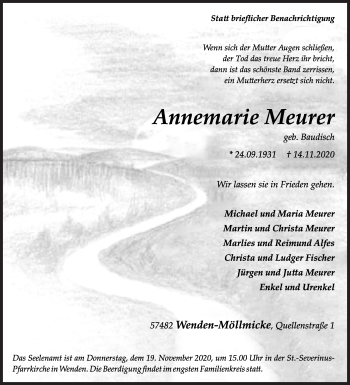 Traueranzeige von Annemarie Meurer von Siegener Zeitung