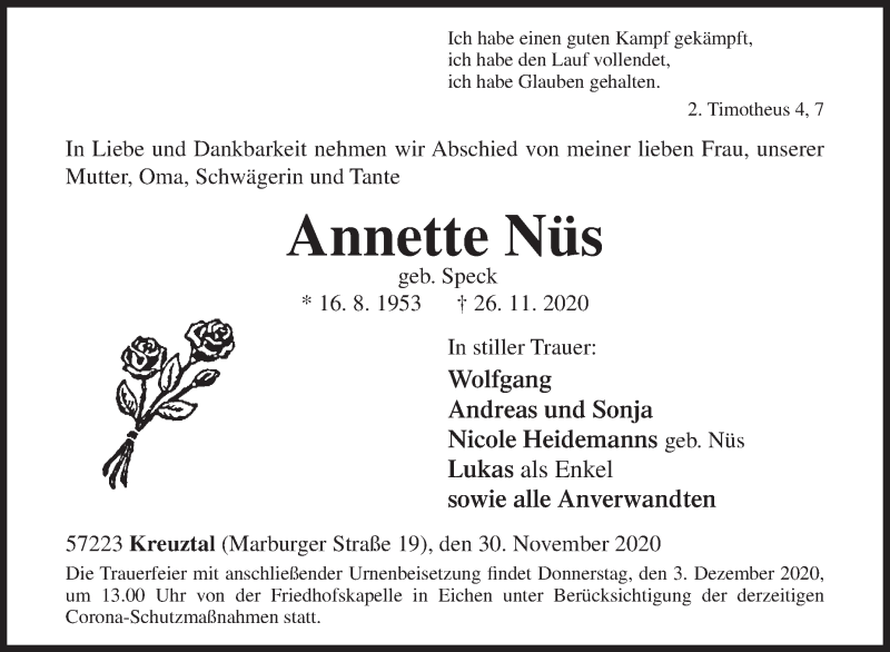  Traueranzeige für Annette Nüs vom 30.11.2020 aus Siegener Zeitung