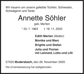 Traueranzeige von Annette Söhler von Siegener Zeitung