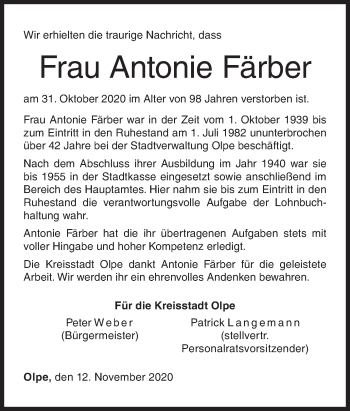 Traueranzeige von Antonie Färber von Siegener Zeitung