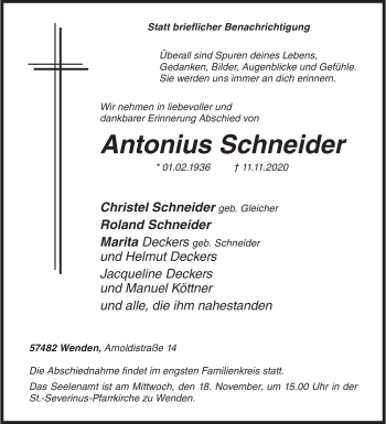 Traueranzeige von Antonius Schneider von Siegener Zeitung