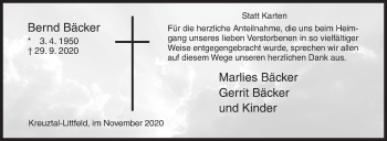 Traueranzeige von Bernd Bäcker von Siegener Zeitung