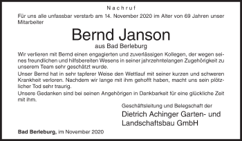 Traueranzeige von Bernd Janson von Siegener Zeitung