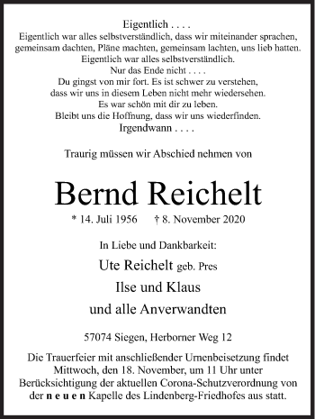 Traueranzeige von Bernd Reichelt von Siegener Zeitung