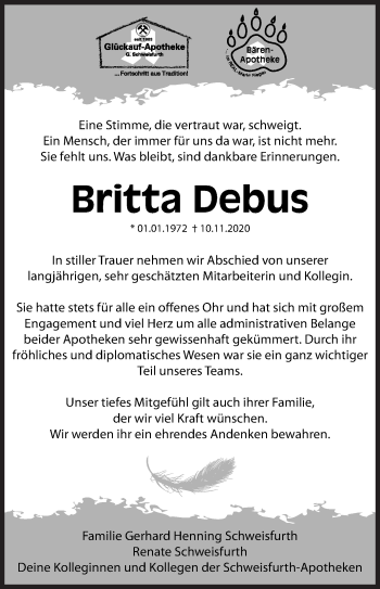 Traueranzeige von Britta Debus von Siegener Zeitung