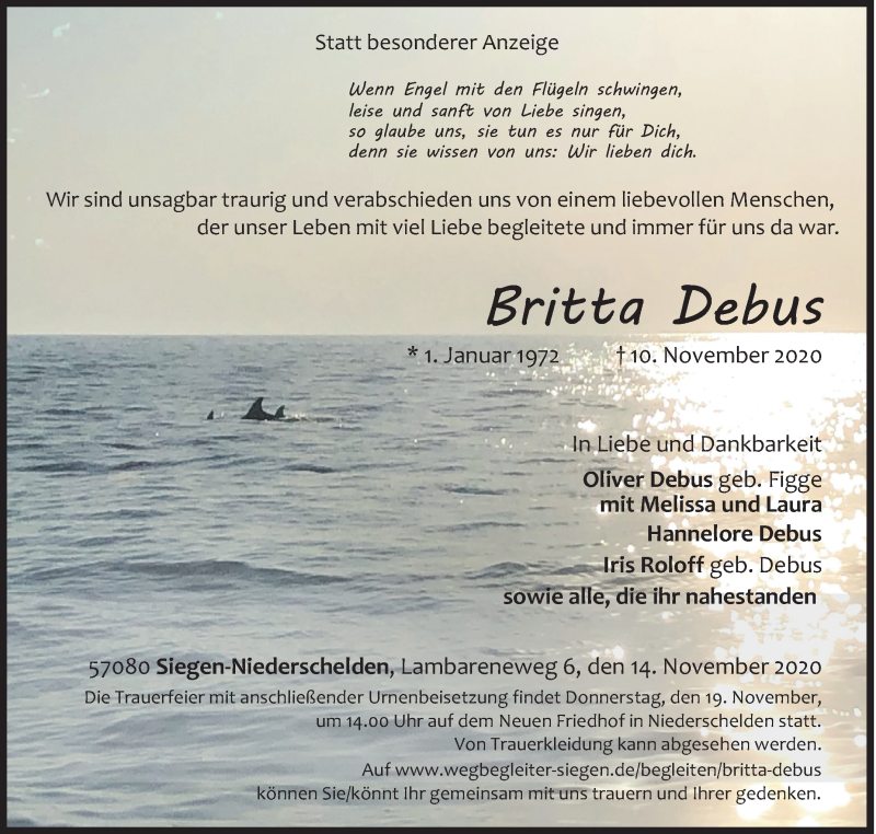  Traueranzeige für Britta Debus vom 14.11.2020 aus Siegener Zeitung