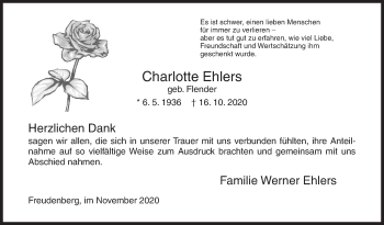 Traueranzeige von Charlotte Ehlers von Siegener Zeitung