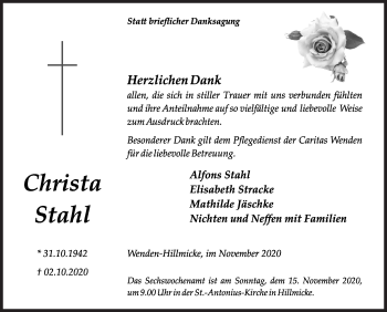 Traueranzeige von Christa Stahl von Siegener Zeitung