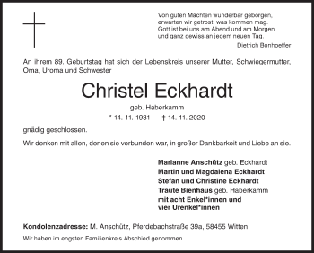 Traueranzeige von Christel Eckhardt von Siegener Zeitung