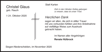 Traueranzeige von Christel Glaus von Siegener Zeitung