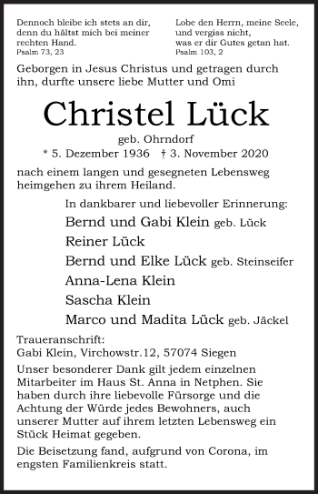 Traueranzeige von Christel Lück von Siegener Zeitung