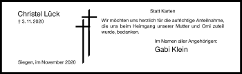 Traueranzeige von Christel Lück von Siegener Zeitung