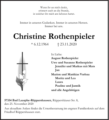 Traueranzeige von Christine Rothenpieler von Siegener Zeitung