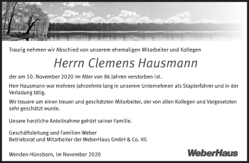 Traueranzeige von Clemens Hausmann von Siegener Zeitung