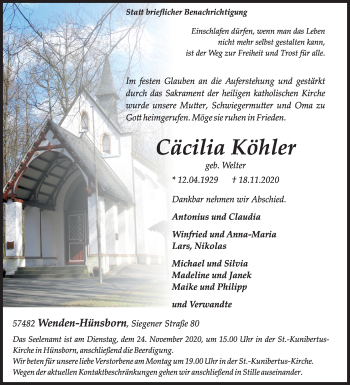 Traueranzeige von Cäcilia Köhler von Siegener Zeitung