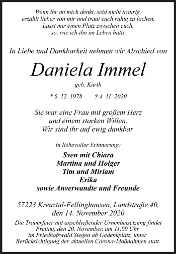 Traueranzeige von Daniela Immel von Siegener Zeitung