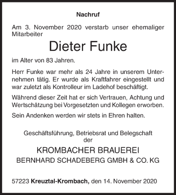 Traueranzeige von Dieter Funke von Siegener Zeitung