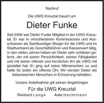 Traueranzeige von Dieter Funke von Siegener Zeitung