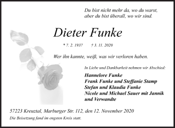 Traueranzeige von Dieter Funke von Siegener Zeitung