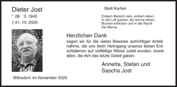 Traueranzeige von Dieter Jost von Siegener Zeitung