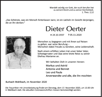 Traueranzeige von Dieter Oerter von Siegener Zeitung