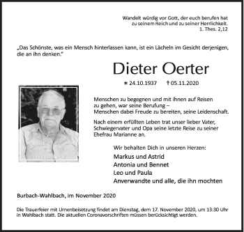 Traueranzeige von Dieter Oerter von Siegener Zeitung