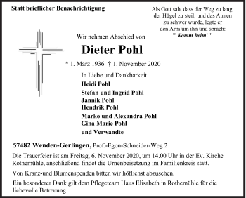 Traueranzeige von Dieter Pohl von Siegener Zeitung