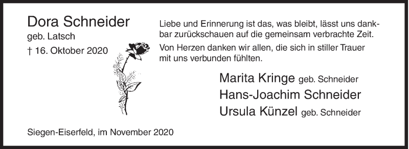  Traueranzeige für Dora Schneider vom 28.11.2020 aus Siegener Zeitung