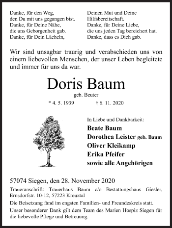 Traueranzeige von Doris Baum von Siegener Zeitung