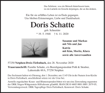 Traueranzeige von Doris Schatte von Siegener Zeitung
