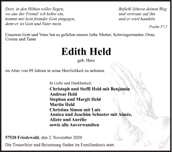 Traueranzeige von Edith Held von Siegener Zeitung