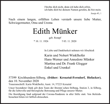 Traueranzeige von Edith Münker von Siegener Zeitung